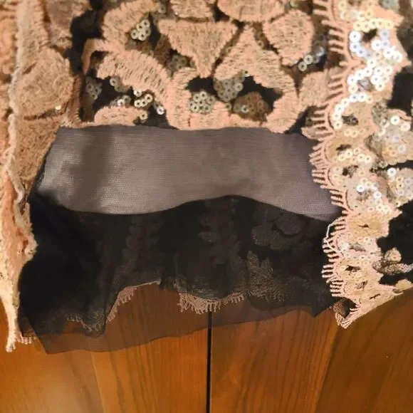 Tadashi Shoji Antique Pink Illusion Sequin Paillette Embroidered Lace Dress - Picture 6 of 15